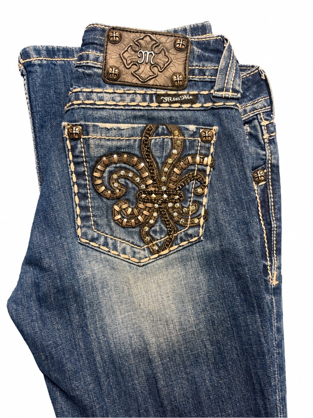 Miss Me Blue Wash Embellished Fleur-de-Lis Jeans Size 26 Retail $134.00